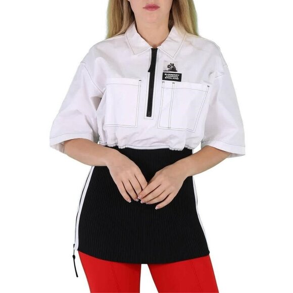FX01448B New Burberry Ladies Optic White Knitted Panel Short-Sleeved Shirt - Picture 1 of 6